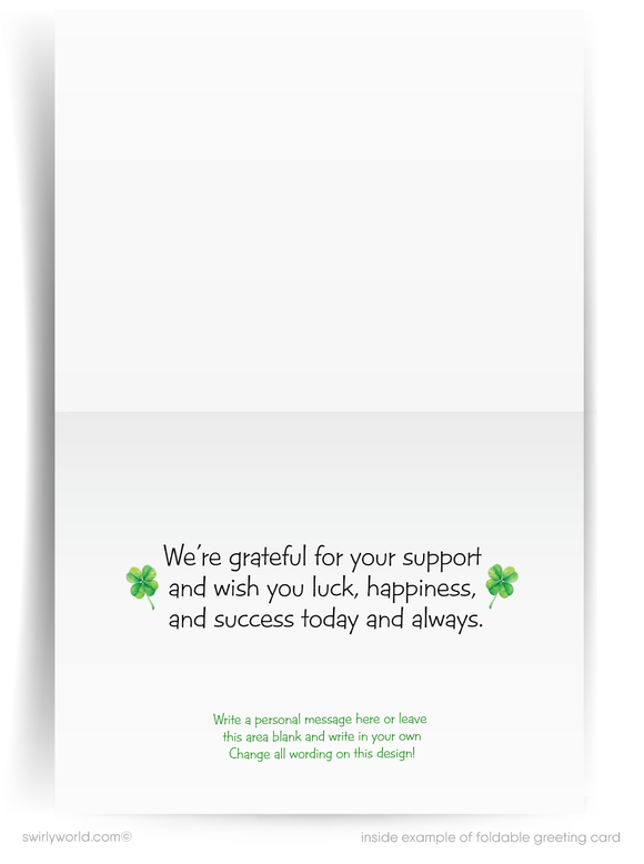 Custom St. Patrick’s Day card with a festive argyle backdrop, shamrocks & retro calligraphy. Perfect for businesses to show appreciation & stay connected!