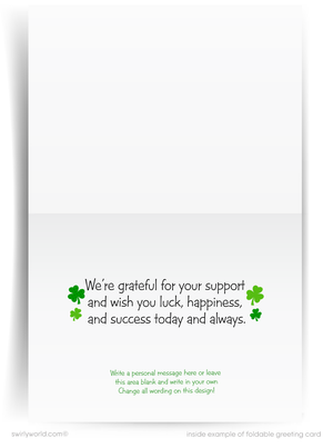 Custom St. Patrick’s Day Greeting Card – Green Plaid, Shamrocks & Leprechaun Hat Business Greeting