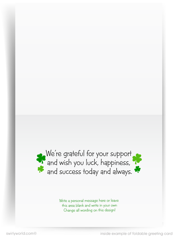 Custom St. Patrick’s Day card with a festive plaid backdrop, shamrocks & leprechaun hat. Perfect for businesses to show appreciation & stay connected!