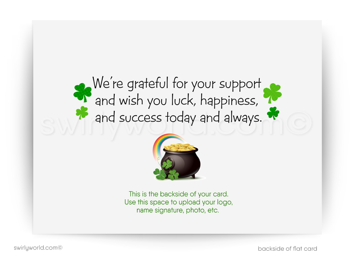 Custom St. Patrick’s Day Greeting Card – Green Plaid, Shamrocks & Leprechaun Hat Business Greeting