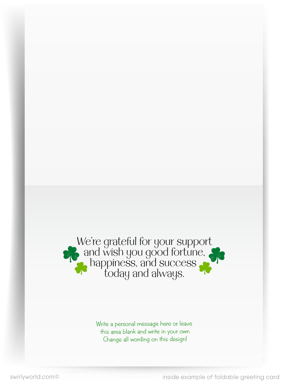 Celebrate St. Patrick’s Day with a customizable vintage-inspired card featuring shamrocks, bunting, and retro calligraphy. Perfect for clients & business branding!