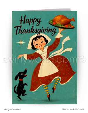 Vintage-style Thanksgiving card with a Pilgrim woman holding a turkey and a dog on a teal background.