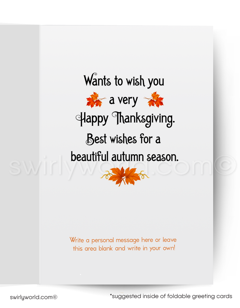 Greeting card with Thanksgiving message and autumn leaves on a white background