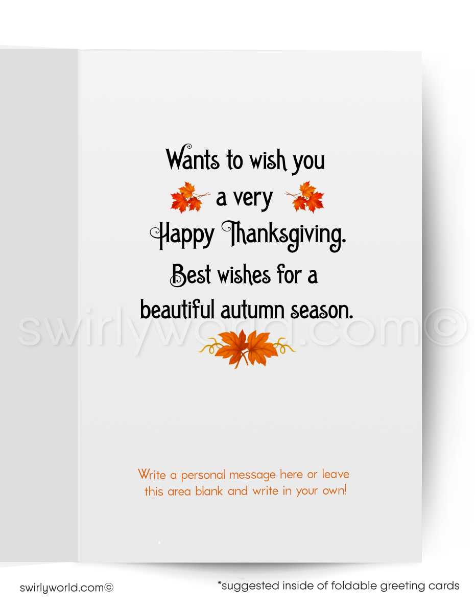 Greeting card with a bunny in a pumpkin and fall leaves on an orange background