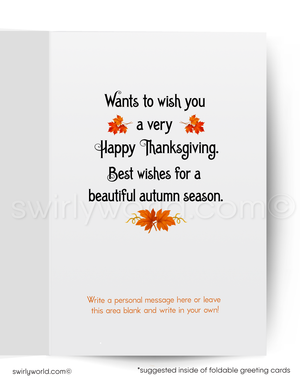 Greeting card with Thanksgiving message and autumn leaves on a white background