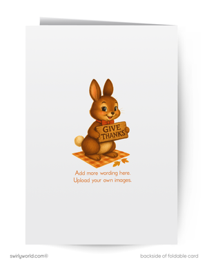 Greeting card with a cartoon rabbit holding a 'Give Thanks' sign on a white background