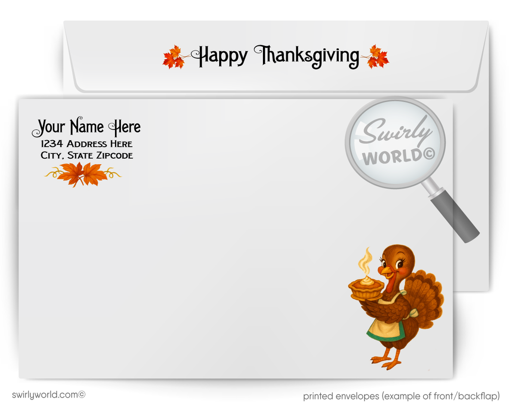 Thanksgiving-themed envelope with a cartoon turkey holding a pie, Swirly World logo, and customizable text area.