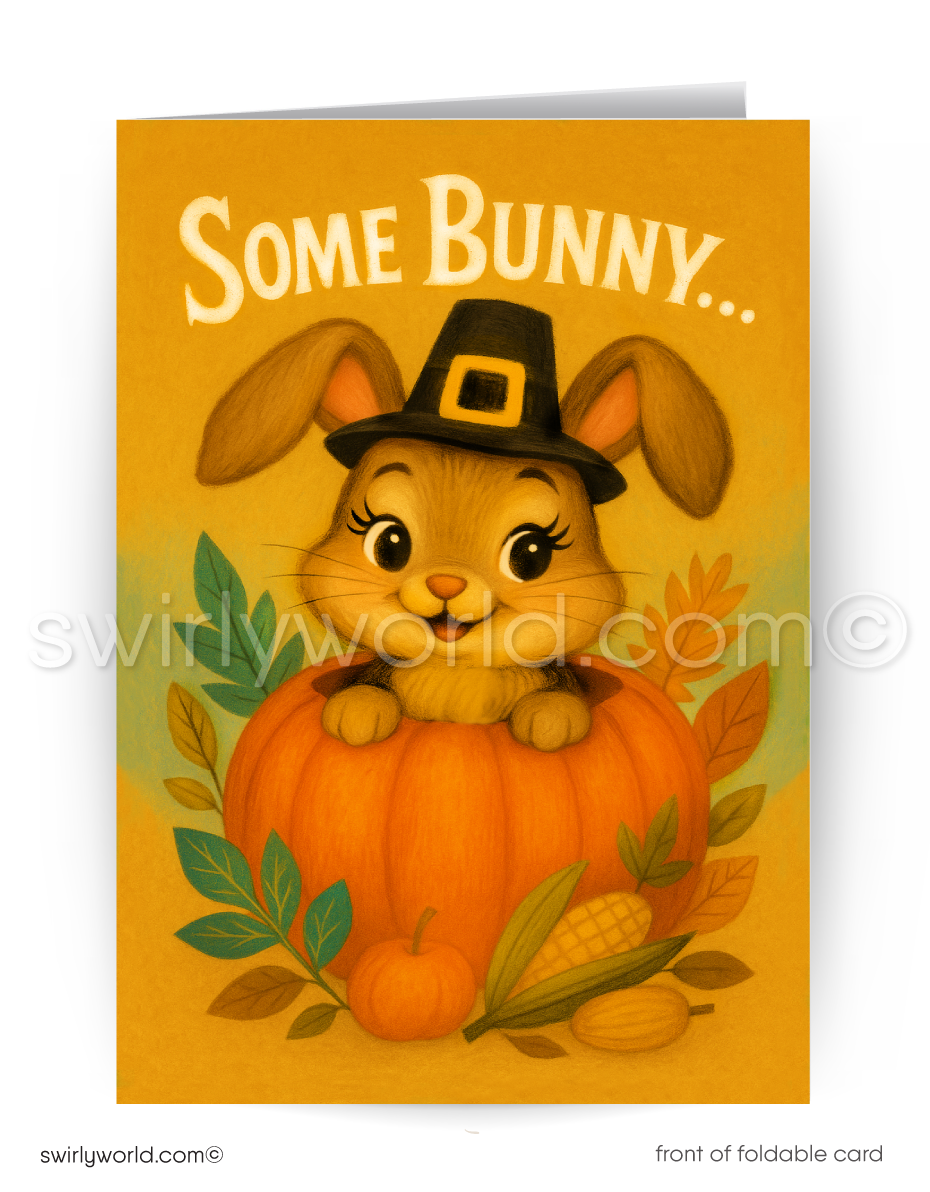 Greeting card with a bunny in a pumpkin and fall leaves on an orange background