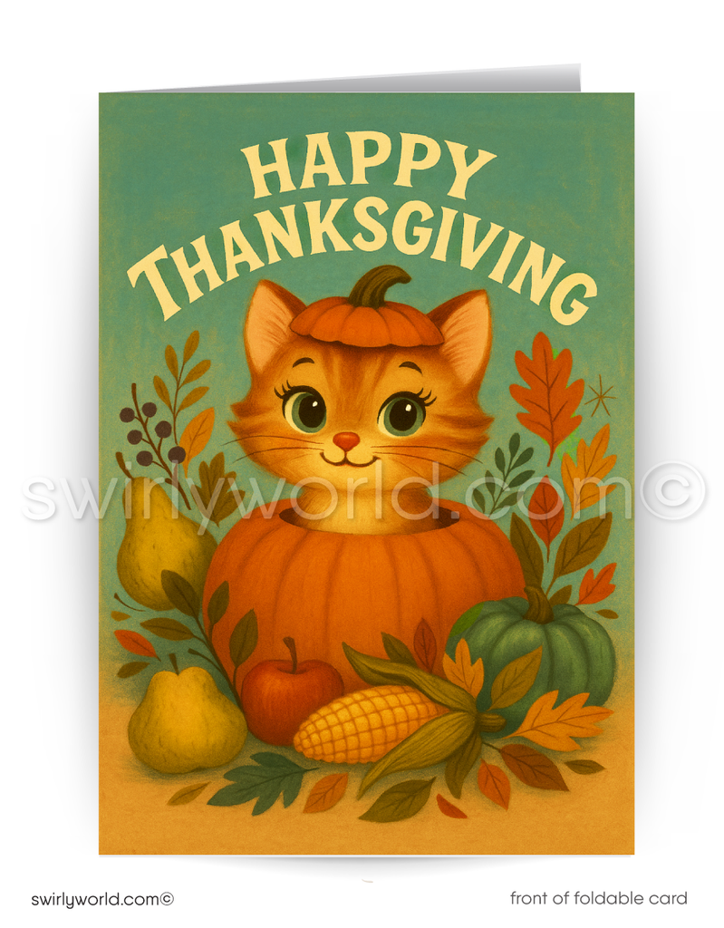 Thanksgiving card with a cat in a pumpkin surrounded by fall elements on a green border.