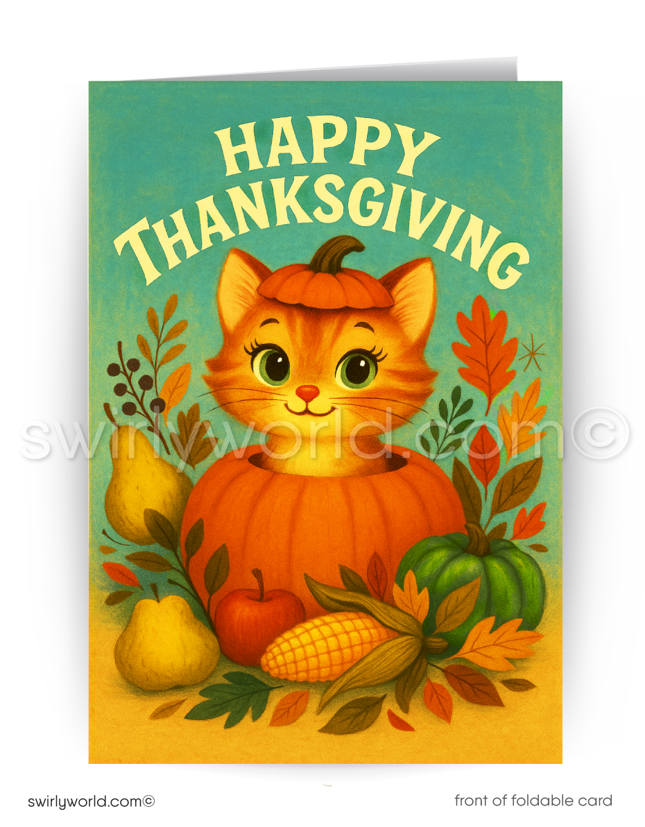 Vintage 1940s-1950s orange tabby kitten in a pumpkin on Thanksgiving Day.