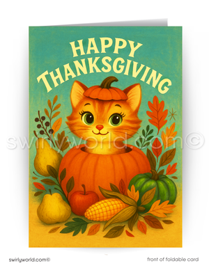 Vintage 1940s-1950s orange tabby kitten in a pumpkin on Thanksgiving Day.