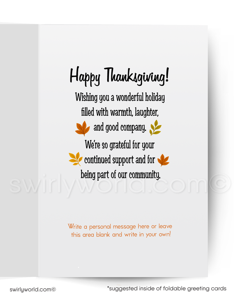Foldable greeting card with Thanksgiving message and autumn leaves on a white background