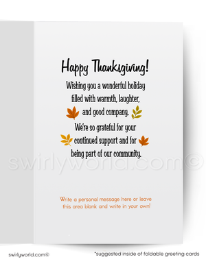 Foldable greeting card with Thanksgiving message and autumn leaves on a white background