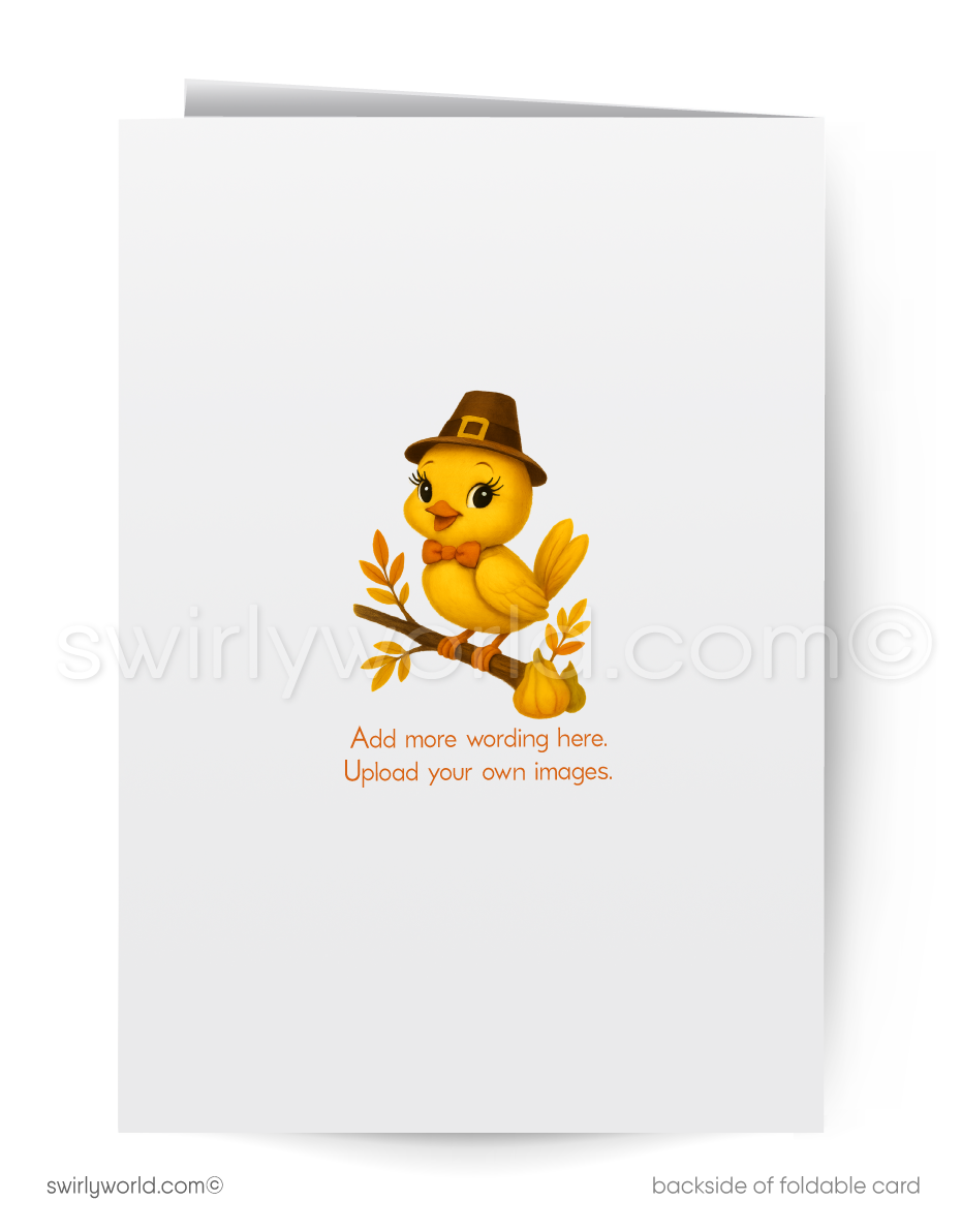 Greeting card with a cartoon chick wearing a Thanksgiving hat on a branch, featuring Swirly World branding.