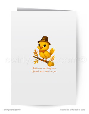 Greeting card with a cartoon chick wearing a Thanksgiving hat on a branch, featuring Swirly World branding.