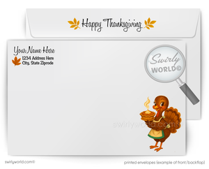 Thanksgiving-themed envelope with a cartoon turkey holding a pie, featuring 'Swirly World' branding.