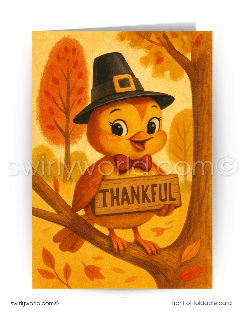 Thanksgiving card with a chick in a pilgrim hat holding a 'Thankful' sign, set against an autumn background.