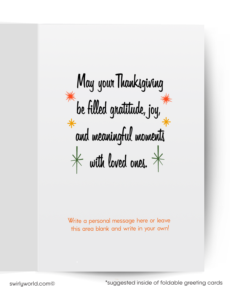 Swirly World presents nostalgic 1950s-1960s Thanksgiving cards! Featuring a charming basket of anthropomorphic corn characters with "Happy Thanksgiving" on the front, these cards are crafted on premium thick cardstock. Choose from flatcards or folded styles, with optional custom imprinted envelopes for personalization.