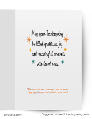 Greeting card with Thanksgiving message and space to write a personal message on a white background.