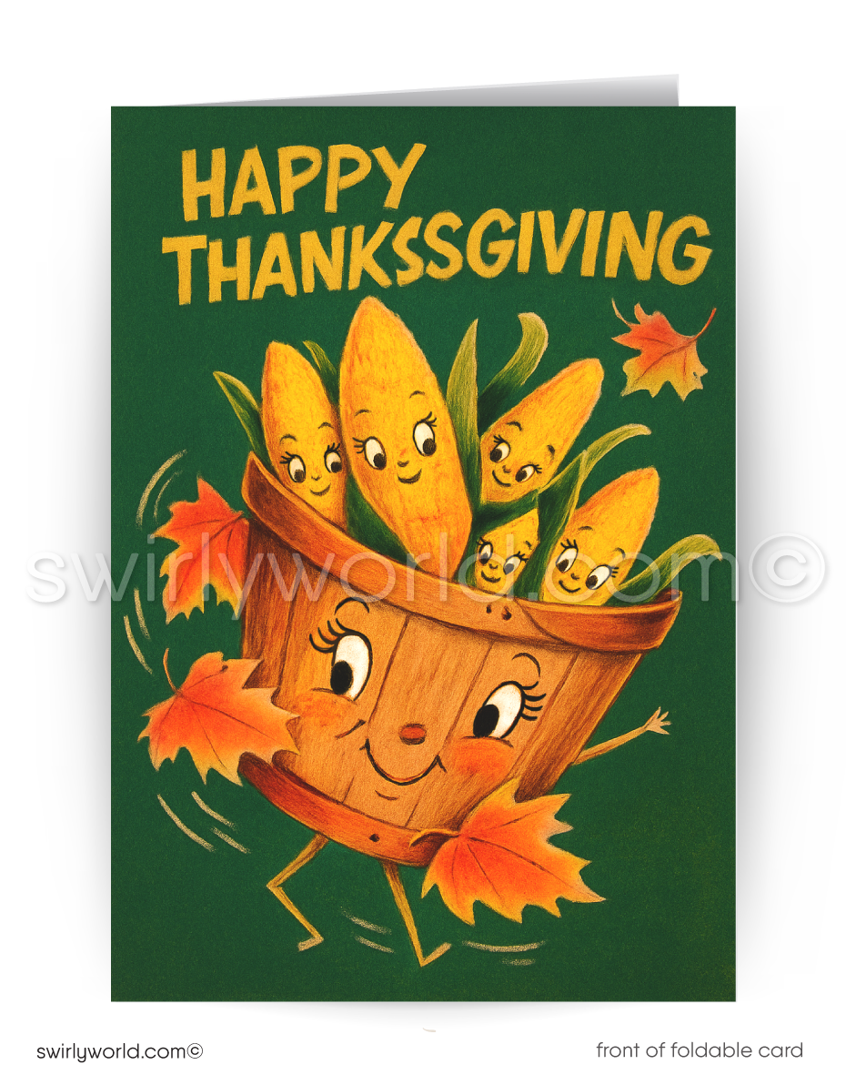Swirly World presents nostalgic 1950s-1960s Thanksgiving cards! Featuring a charming basket of anthropomorphic corn characters with "Happy Thanksgiving" on the front, these cards are crafted on premium thick cardstock. Choose from flatcards or folded styles, with optional custom imprinted envelopes for personalization.