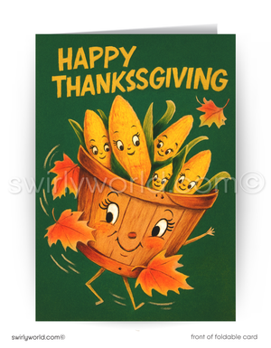 Swirly World presents nostalgic 1950s-1960s Thanksgiving cards! Featuring a charming basket of anthropomorphic corn characters with "Happy Thanksgiving" on the front, these cards are crafted on premium thick cardstock. Choose from flatcards or folded styles, with optional custom imprinted envelopes for personalization.