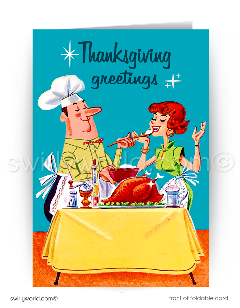 Vintage 1950s-60s Thanksgiving Card with Retro Couple and Atomic Starbursts