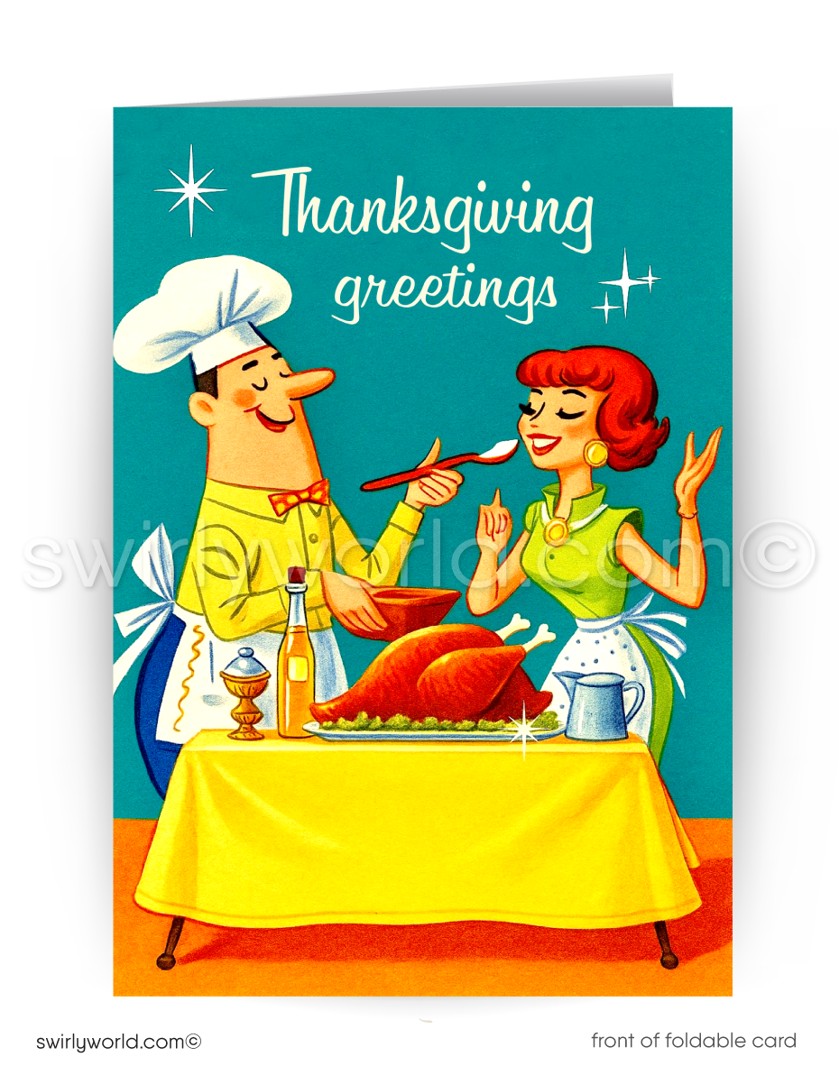 Vintage-style Thanksgiving greeting card with cartoon chef and woman at a table with a turkey.