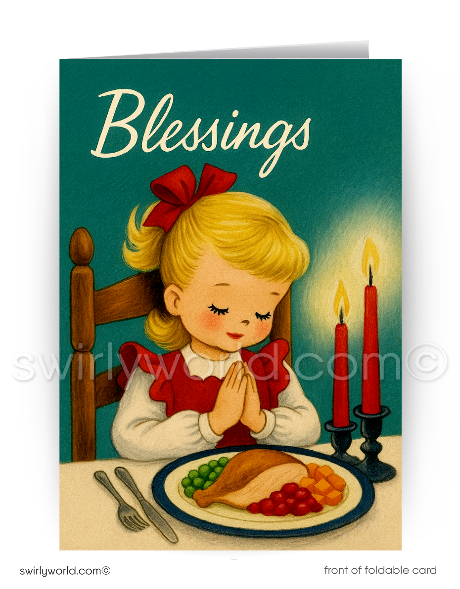 Vintage-style greeting card with a girl praying before a meal, featuring the word 'Blessings'.