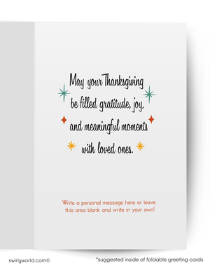 Thanksgiving greeting card with decorative text and space for a personal message on a white background.