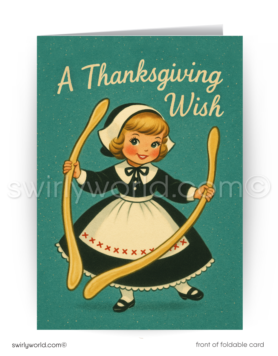 Vintage-style Thanksgiving card with a girl holding wooden spoons on a teal background.