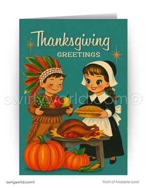 Vintage-style Thanksgiving card with two children holding a pie and a basket of fruit, surrounded by pumpkins and a turkey.