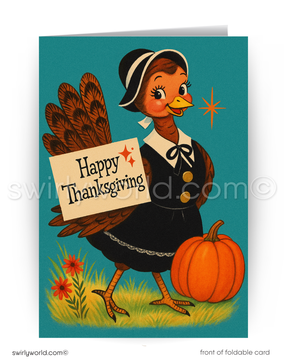 Vintage-style Thanksgiving card with a cartoon duck holding a 'Happy Thanksgiving' sign.