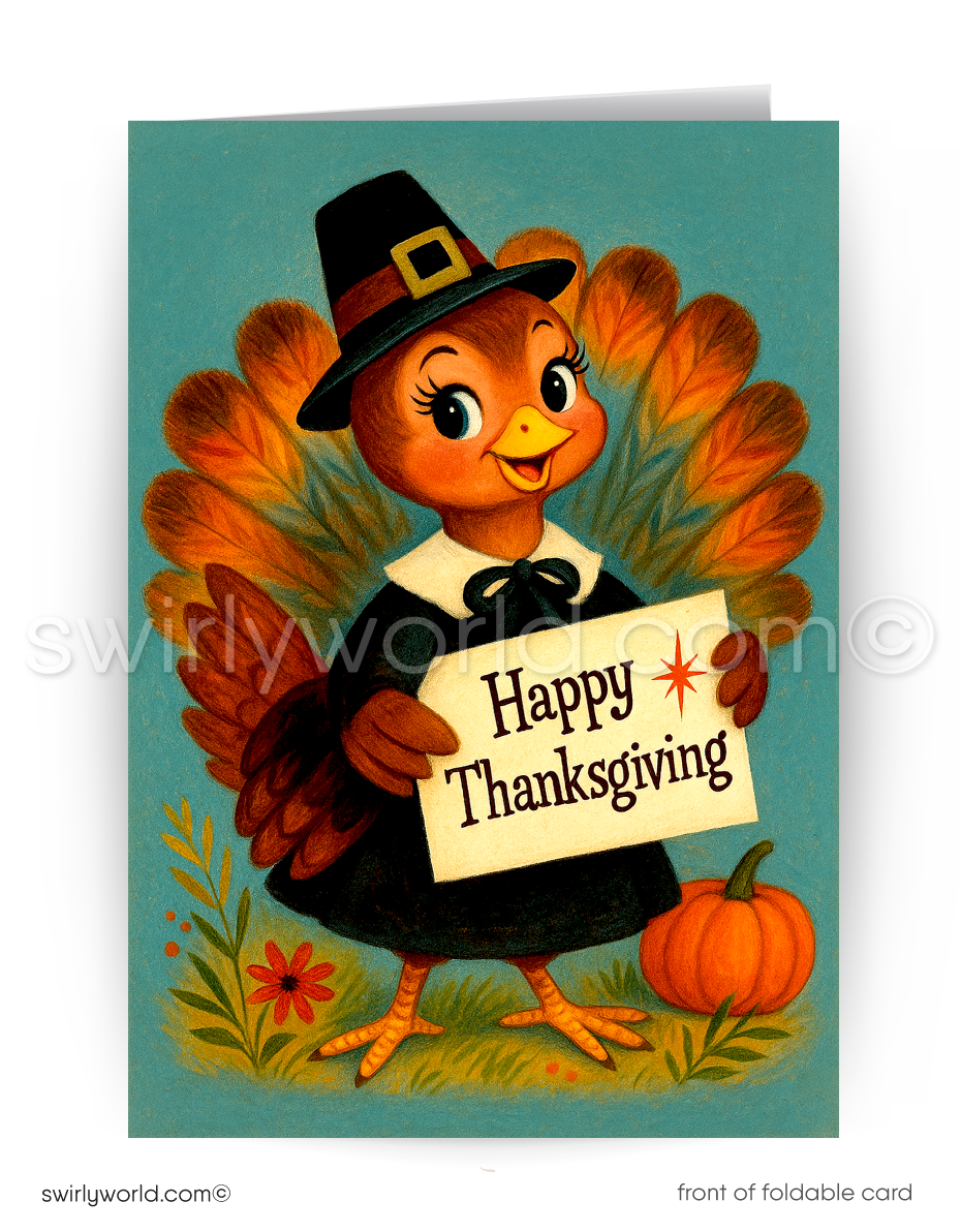 Vintage-style Thanksgiving card with a turkey holding a 'Happy Thanksgiving' sign.