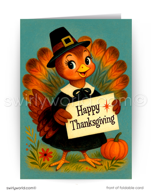 Vintage-style Thanksgiving card with a turkey holding a 'Happy Thanksgiving' sign.