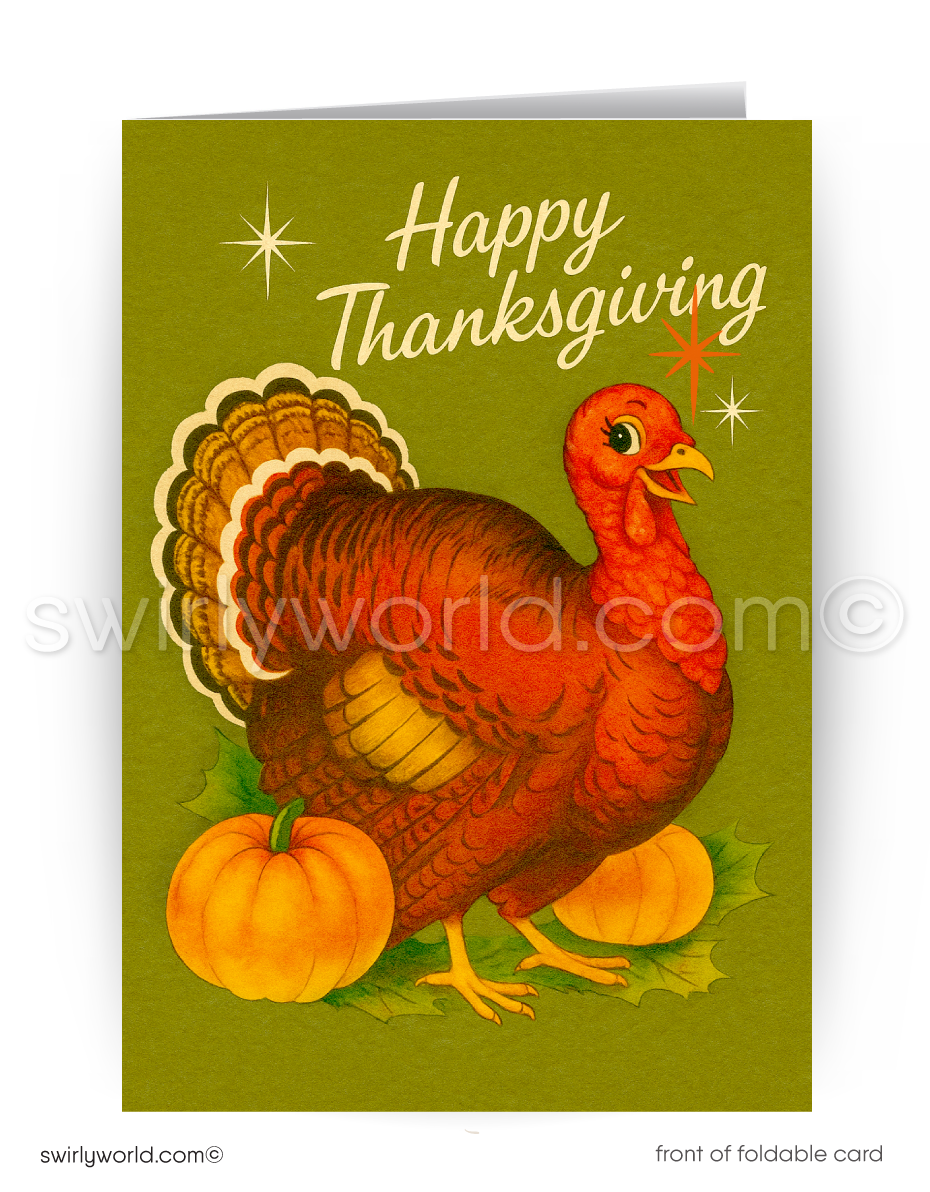 Thanksgiving card with a turkey and pumpkins on a green background