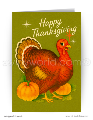 Thanksgiving card with a turkey and pumpkins on a green background