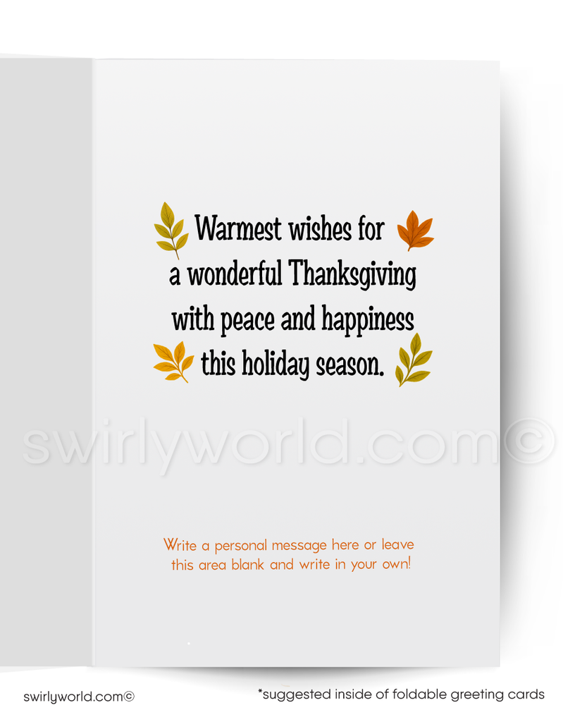Greeting card with Thanksgiving message and decorative leaves on a white background
