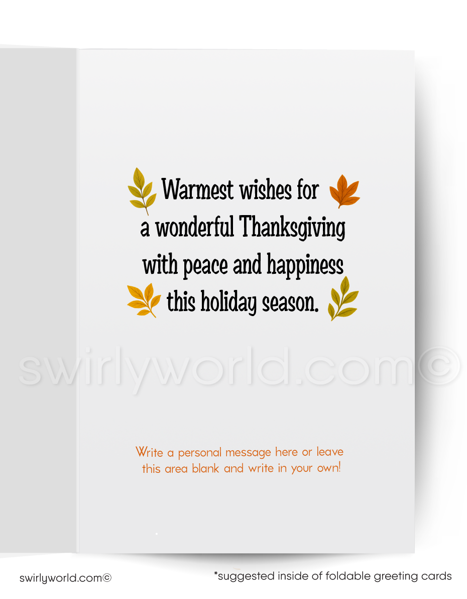 Cartoon turkey holding a pie with 'Thankful' text in a cozy room setting.