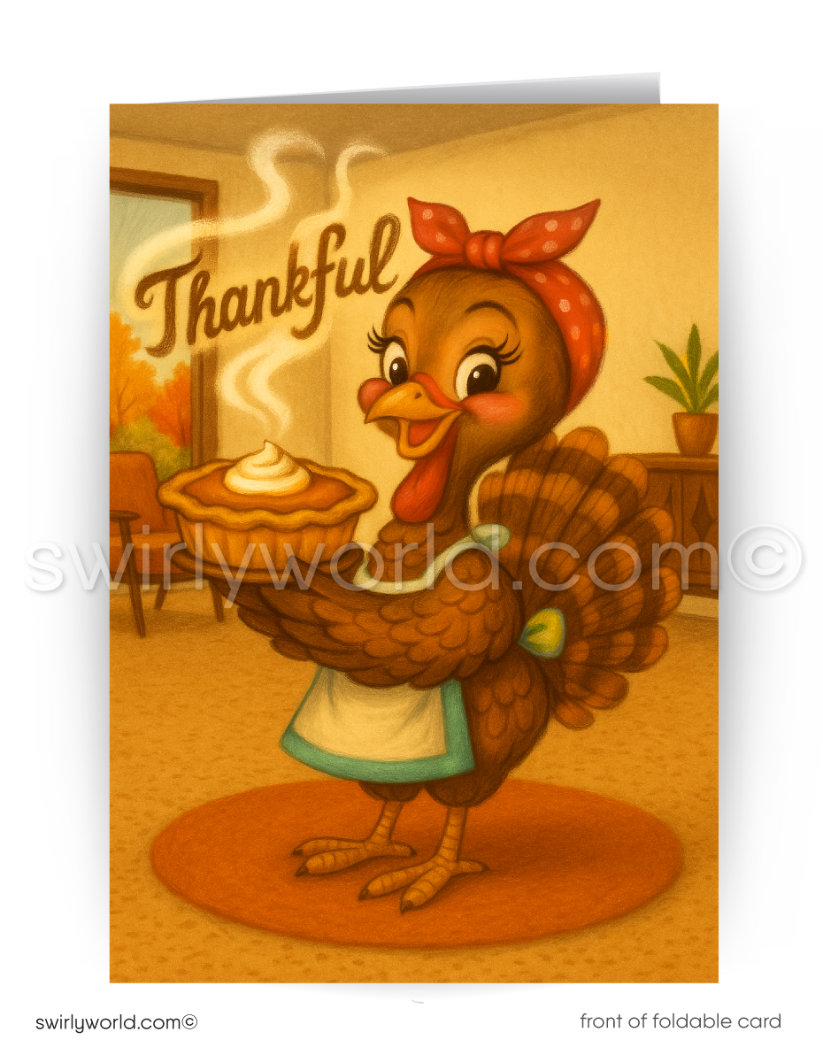 Cartoon turkey holding a pie with 'Thankful' text in a cozy room setting.