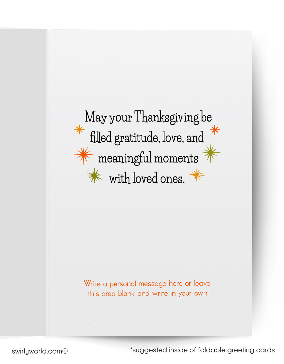 Thanksgiving card with cartoon bears in pilgrim costumes holding pies on an orange background.