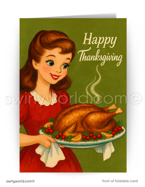 Vintage 1940s-1950s Beautiful Young Lady holding a turkey on platter, happy Thanksgiving greeting cards
