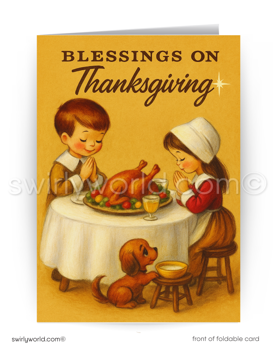 Vintage-style Thanksgiving card with children and a dog around a table with a turkey.