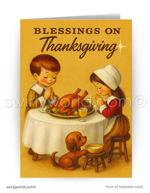 Vintage-style Thanksgiving card with children and a dog around a table with a turkey.