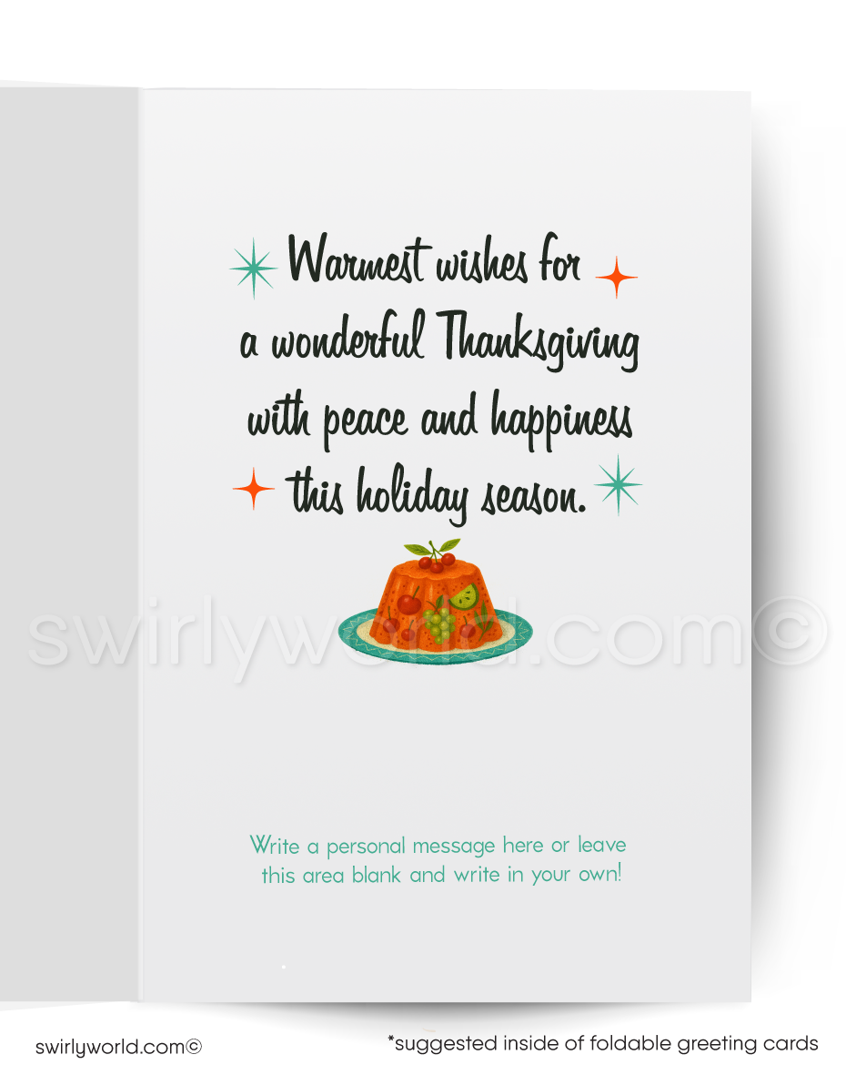 Vintage-style Thanksgiving card with a turkey, pumpkin, and corn on a teal background.