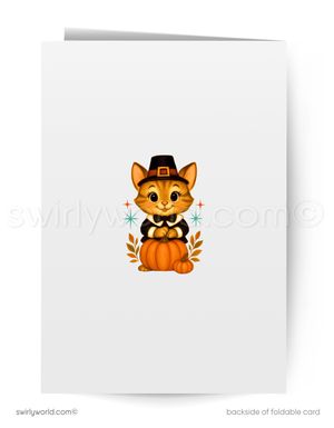 Greeting card with a cat in a pilgrim hat and bow tie sitting on a pumpkin, featuring Swirly World branding.