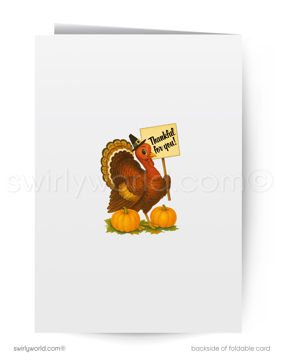 1950s-1960s Vintage Mid-Century Thanksgiving Card with Pilgrim Turkey and Fall Foliage
