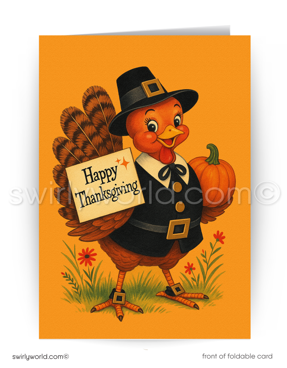 Vintage mid-century modern style Turkey dressed as a pilgrim with a "Happy Thanksgiving" sign 