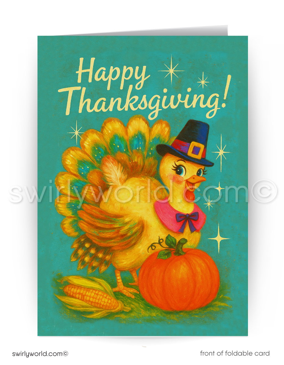 Vintage-style Thanksgiving card with a turkey, pumpkin, and corn on a teal background.