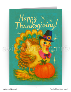Vintage-style Thanksgiving card with a turkey, pumpkin, and corn on a teal background.