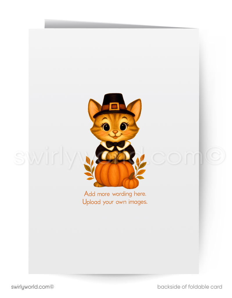Greeting card with a cute cat in a pilgrim hat and bow tie sitting on a pumpkin, with space to add text.